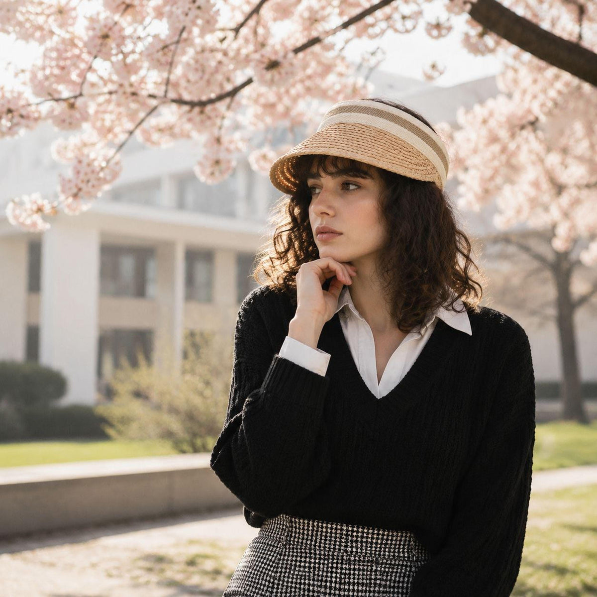 Boho raffia straw visor hat with striped headband worn with a black sweater under cherry blossoms