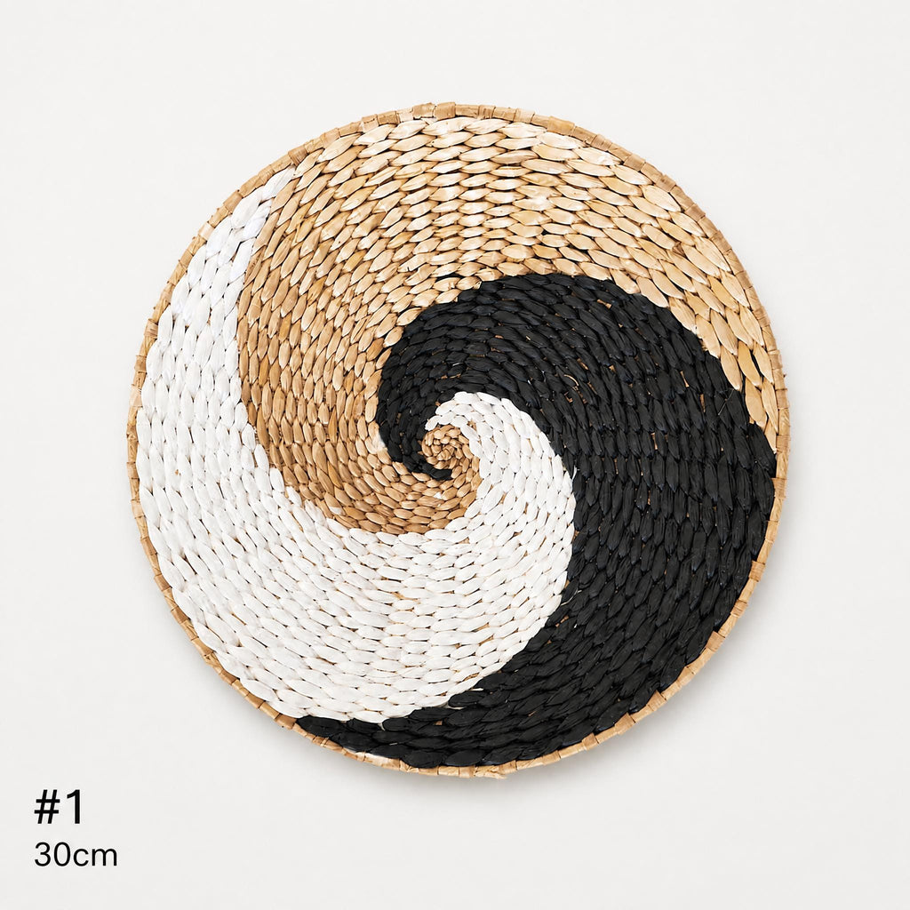 #1 large 30 cm woven cattail wall basket with black, white and tan swirl pattern
