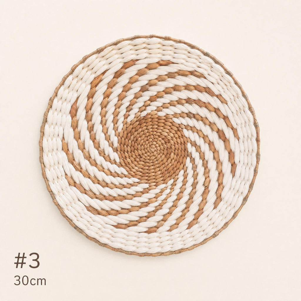 #3 large 30 cm handwoven cattail wall basket with white and tan swirl pattern