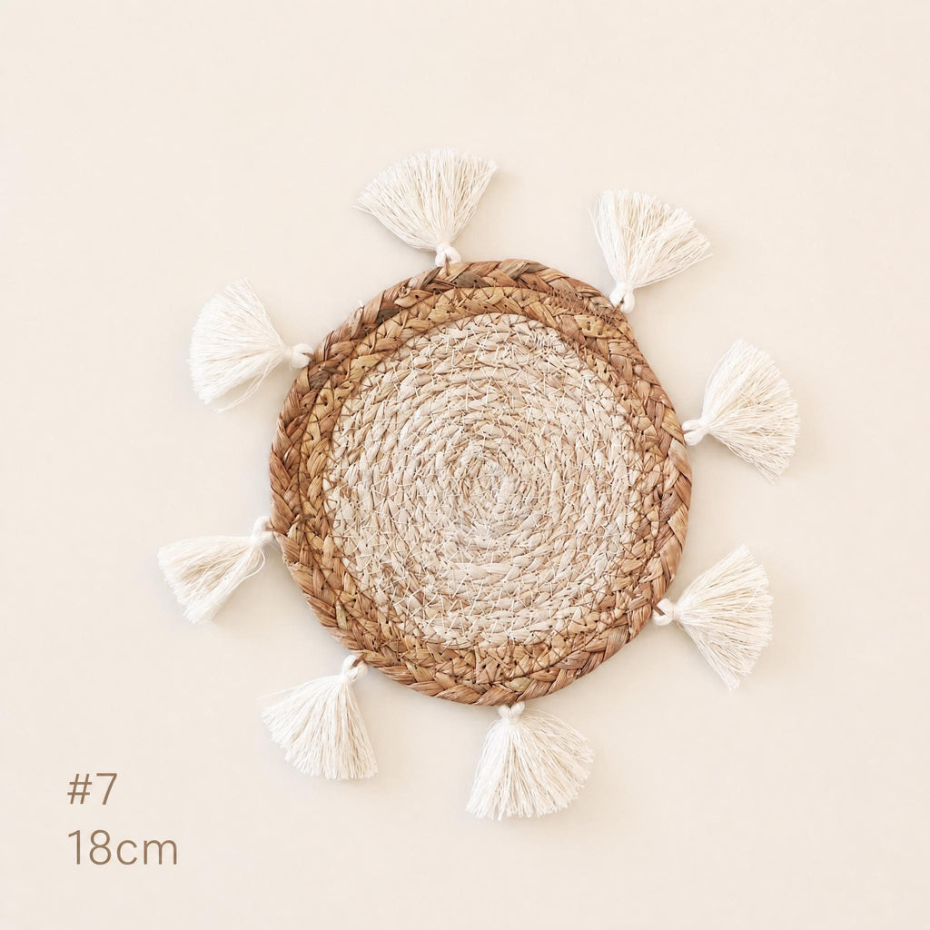 #7 small 18 cm woven cattail wall basket with white cotton tassel edge