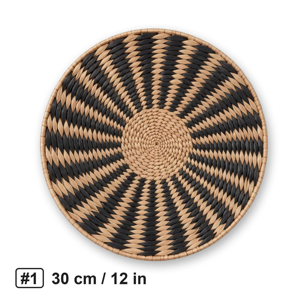 #1 large 30 cm / 12 in cattail woven wall basket with black sunburst pattern on white background