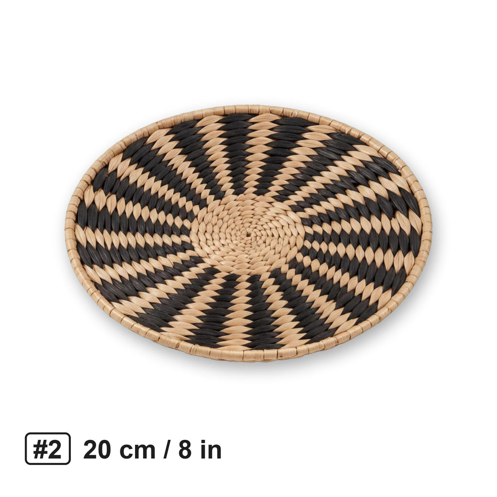 #2 medium 20 cm / 8 in handwoven cattail wall basket with black sunburst pattern on white background