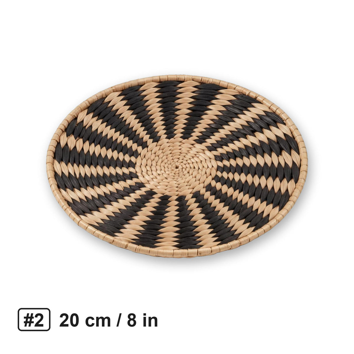 #2 medium 20 cm / 8 in handwoven cattail wall basket with black sunburst pattern on white background
