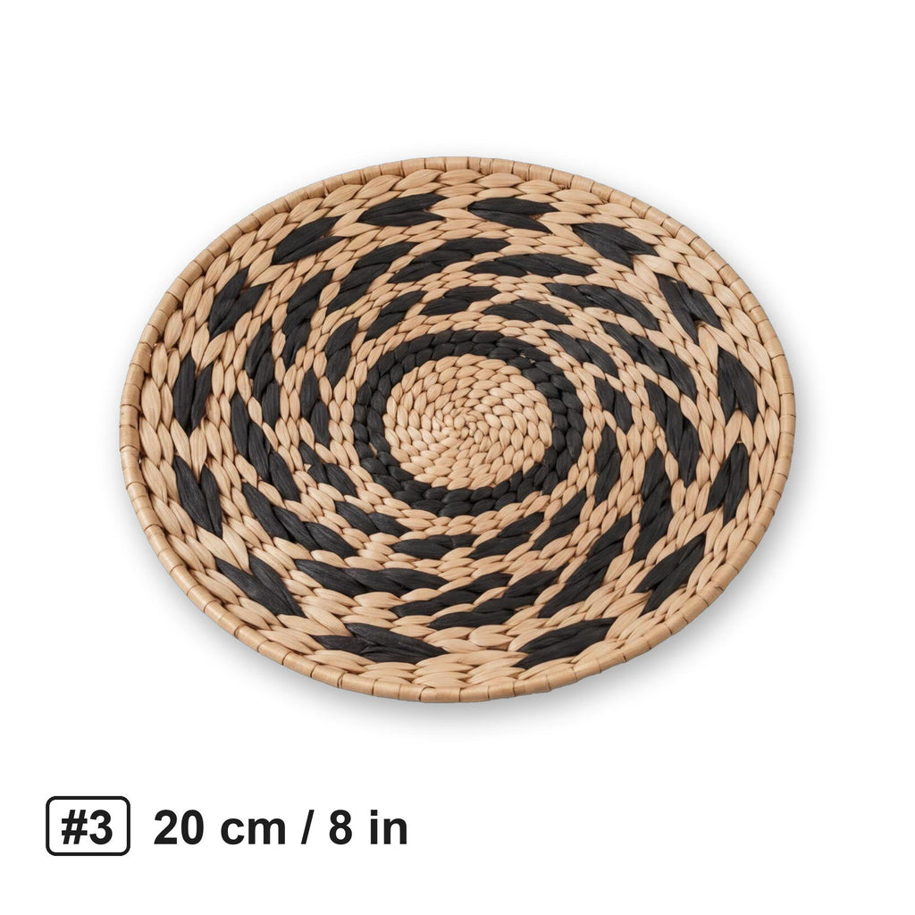 #3 medium 20 cm / 8 in woven cattail wall basket with black spiral pattern on white background
