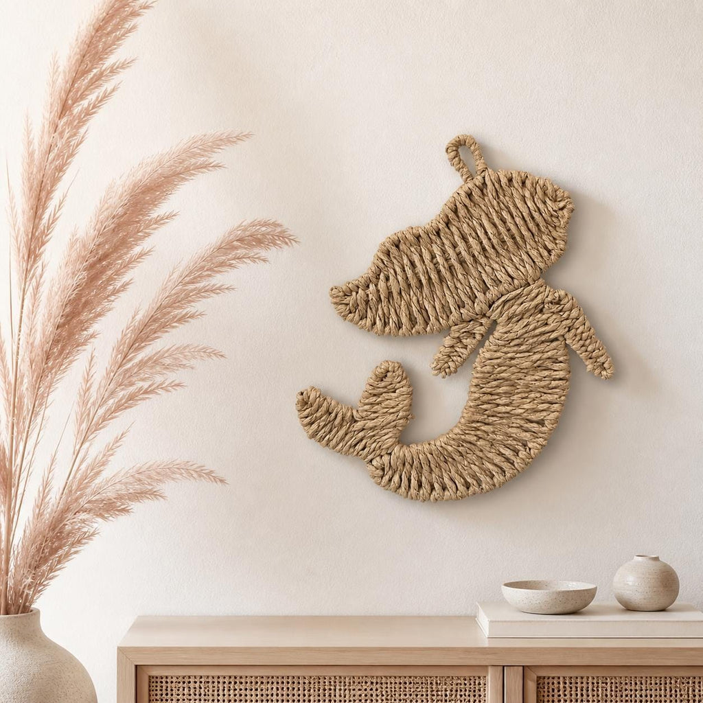 Handmade woven paper rope mermaid wall decor for coastal nursery, beach house and boho bathroom