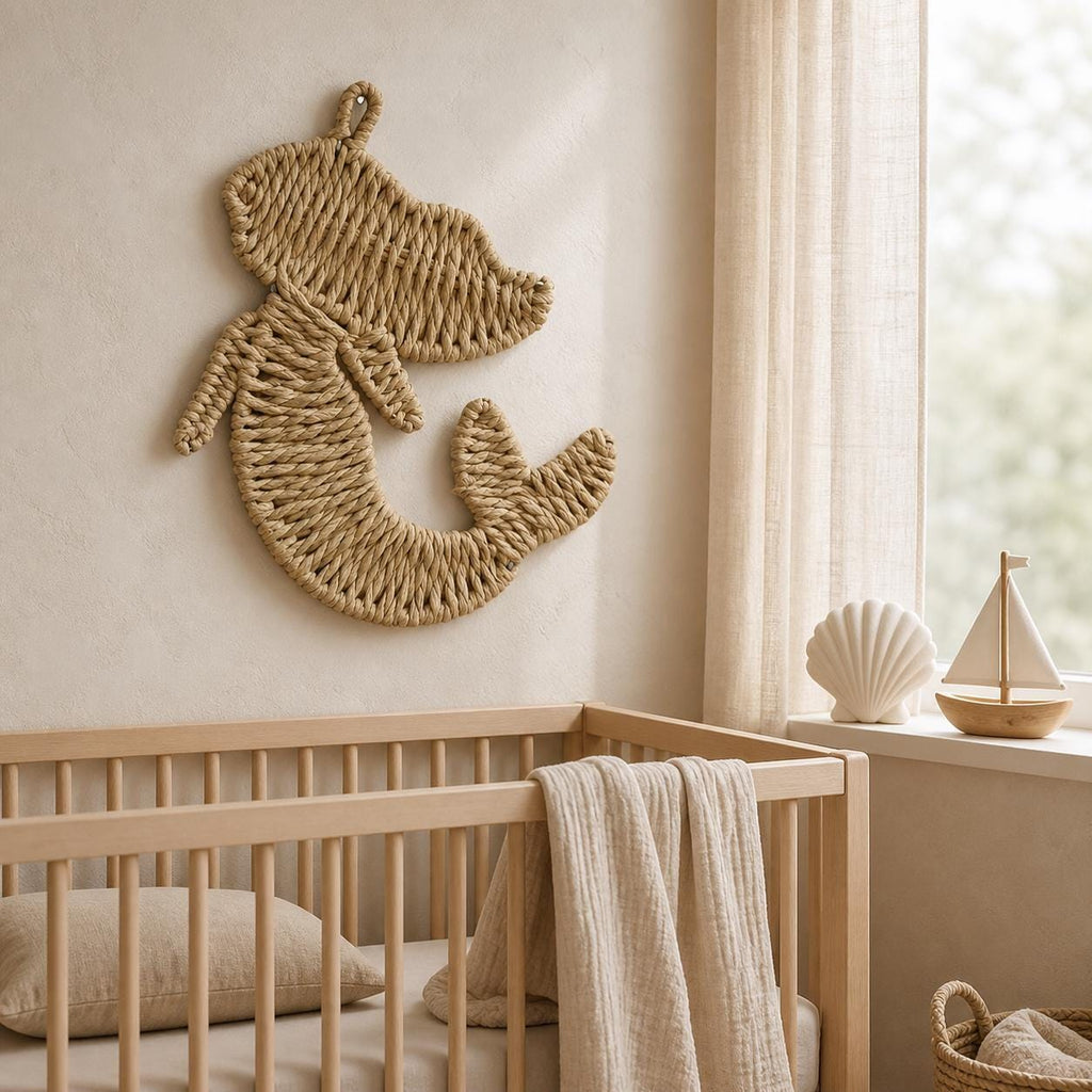 Handmade woven paper rope mermaid wall decor for coastal nursery, beach house and boho bathroom - view 3