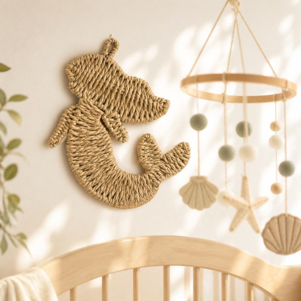 Handmade woven paper rope mermaid wall decor for coastal nursery, beach house and boho bathroom - view 5