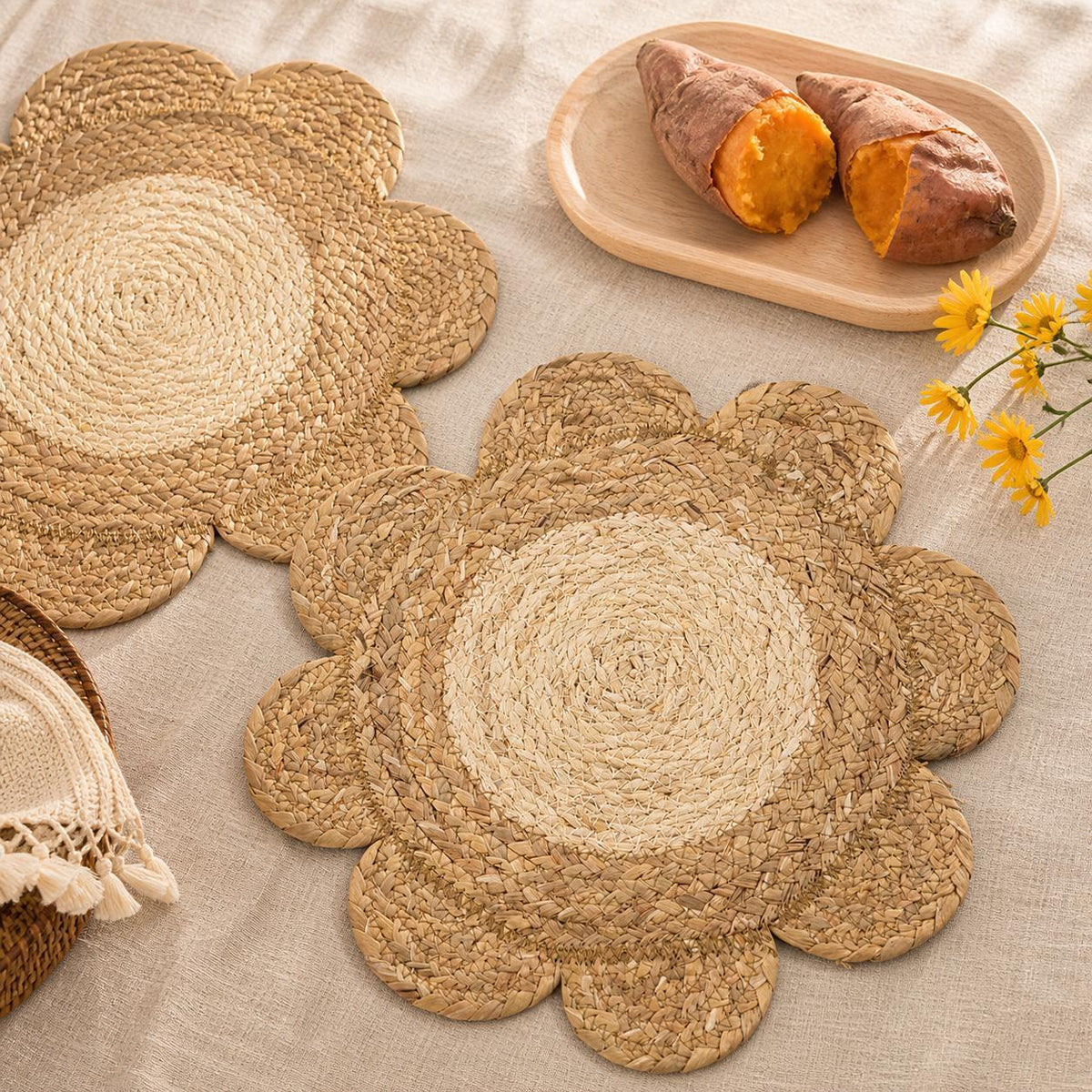 Handmade water hyacinth and cornhusk woven flower placemat, round boho table mat and charger - view 2