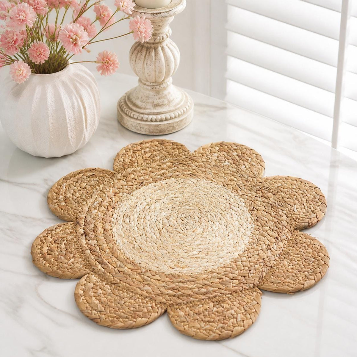 Handmade water hyacinth and cornhusk woven flower placemat, round boho table mat and charger - view 3