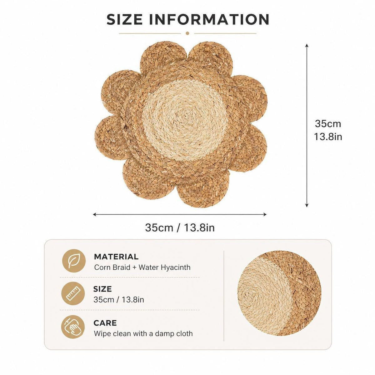 Handmade water hyacinth and cornhusk woven flower placemat, round boho table mat and charger - view 6