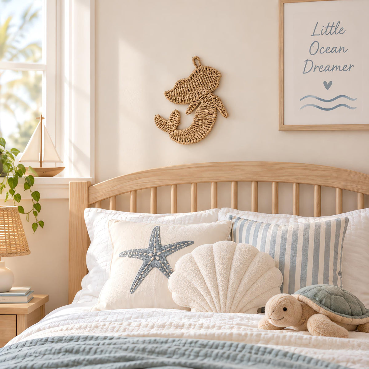 Woven paper rope mermaid wall decor hung above a bed in a coastal nursery