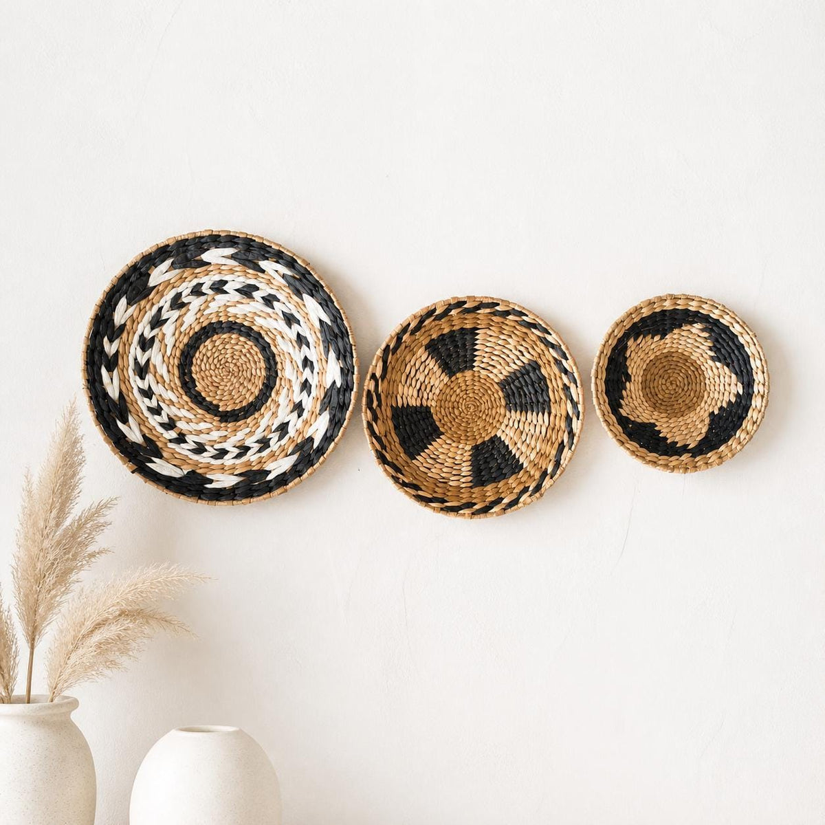 Handmade woven cattail wall basket set of 3 for boho living room, bedroom and rustic home decor