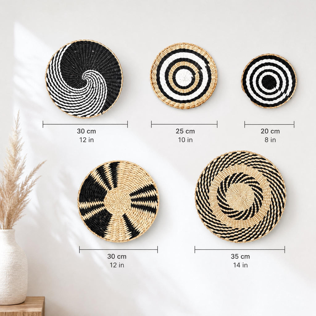 Handmade woven cattail wall basket set of 5 in black, white and natural tan geometric patterns for boho living room and rustic home decor - view 3