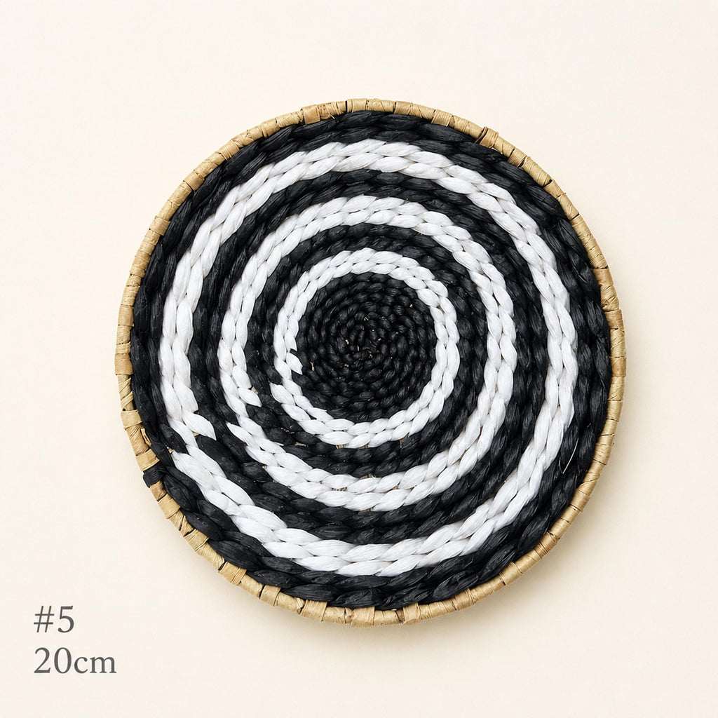 Handmade woven cattail wall basket set of 5 in black, white and natural tan geometric patterns for boho living room and rustic home decor - view 8