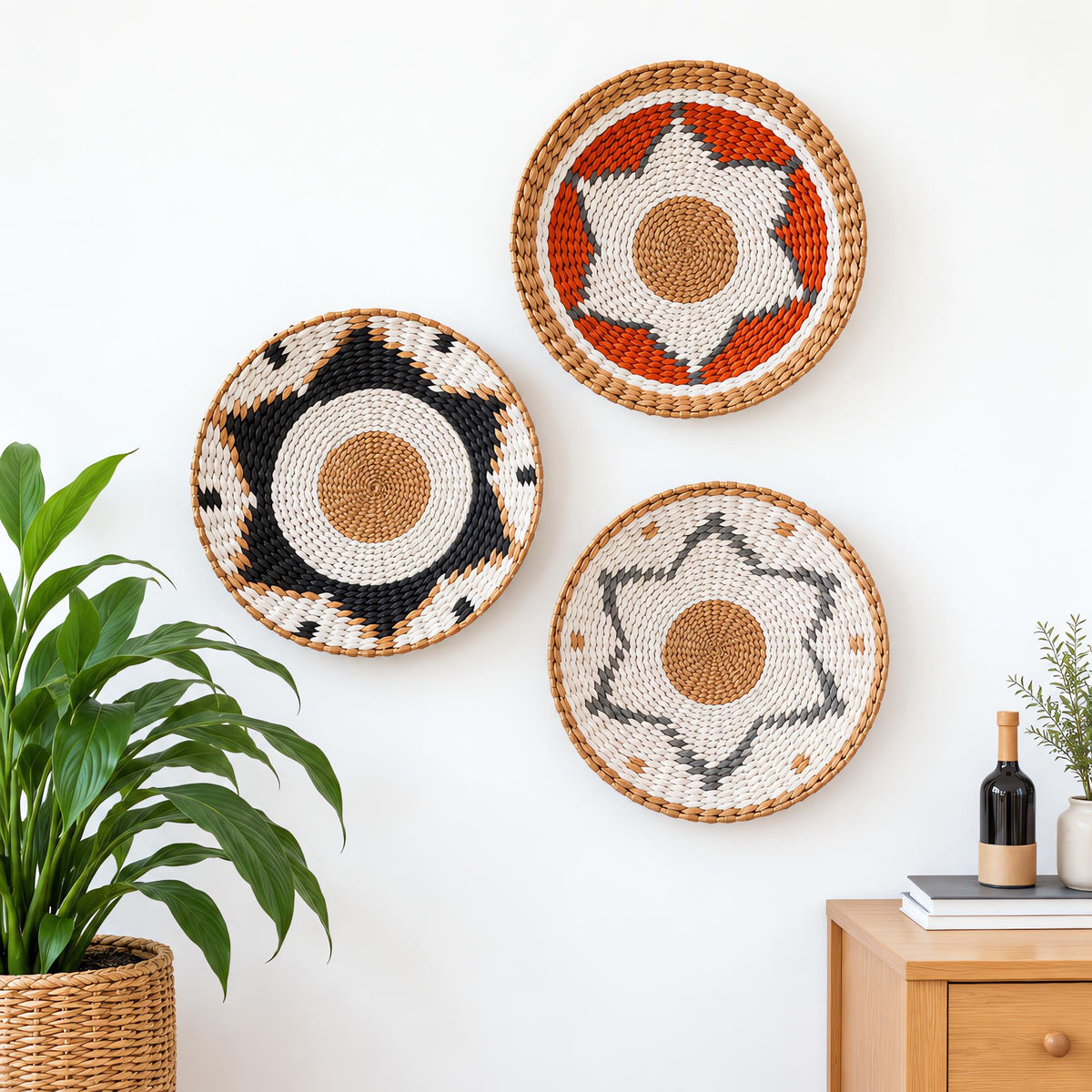 Set of 3 handwoven boho wall baskets with star patterns in burnt orange, black and gray, for boho living room and modern home decor