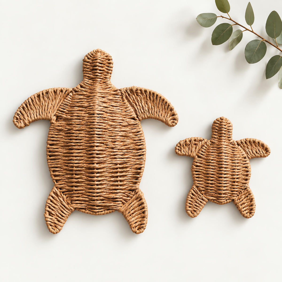 Handwoven paper rope sea turtle wall decor set, one large and one small turtle, natural brown, for coastal nursery and beach house