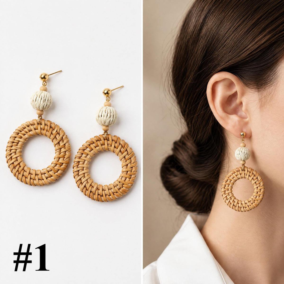 Handmade rattan circle hoop earrings, style 1 of 16, pair shown flat and worn on model
