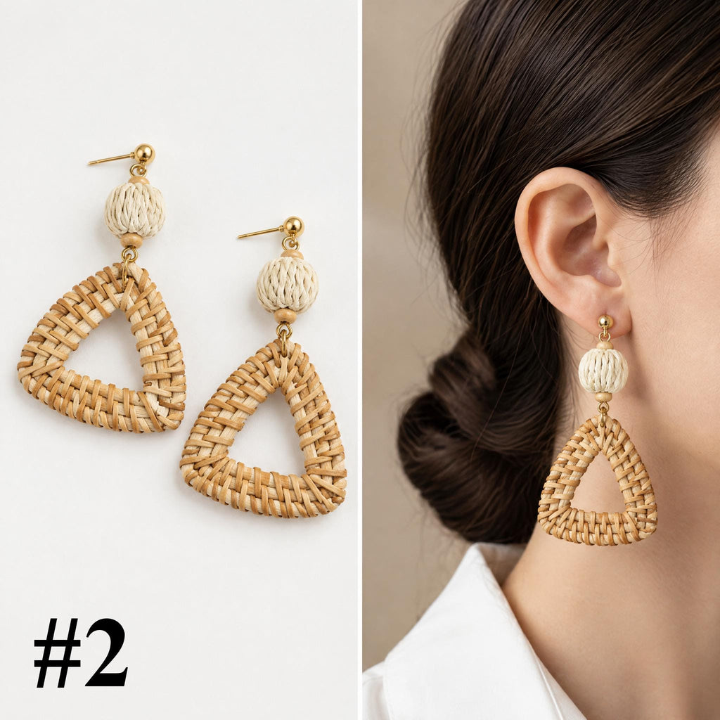 Handmade rattan triangle drop earrings, style 2 of 16, pair shown flat and worn on model