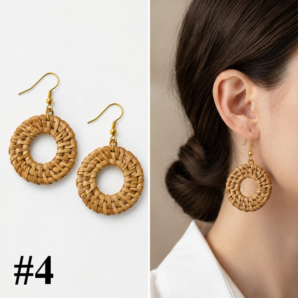 Handmade rattan natural round hoop earrings, style 4 of 16, pair shown flat and worn on model