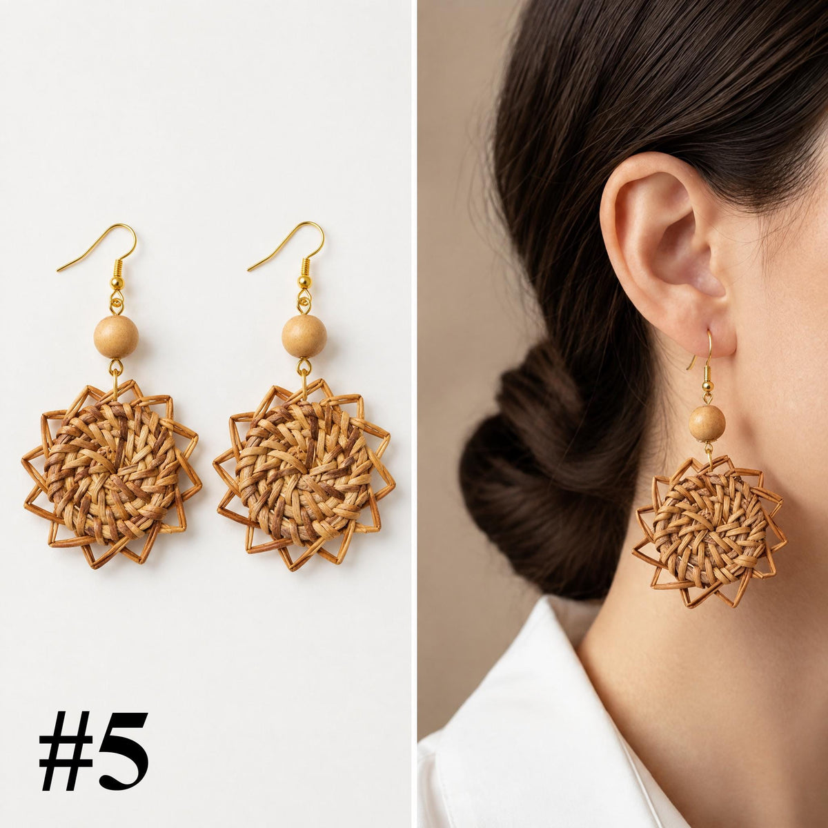 Handmade rattan sunburst drop earrings, style 5 of 16, pair shown flat and worn on model