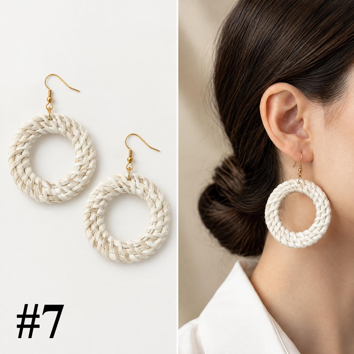 Handmade rattan large white hoop earrings, style 7 of 16, pair shown flat and worn on model