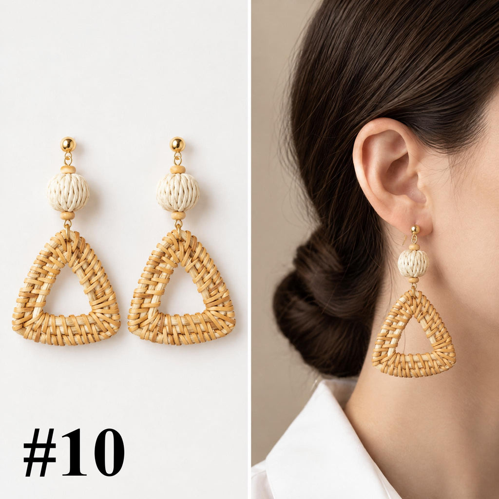 Handmade rattan triangle with bead earrings, style 10 of 16, pair shown flat and worn on model