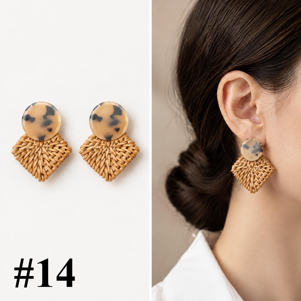 Handmade rattan resin and rattan geometric earrings, style 14 of 16, pair shown flat and worn on model