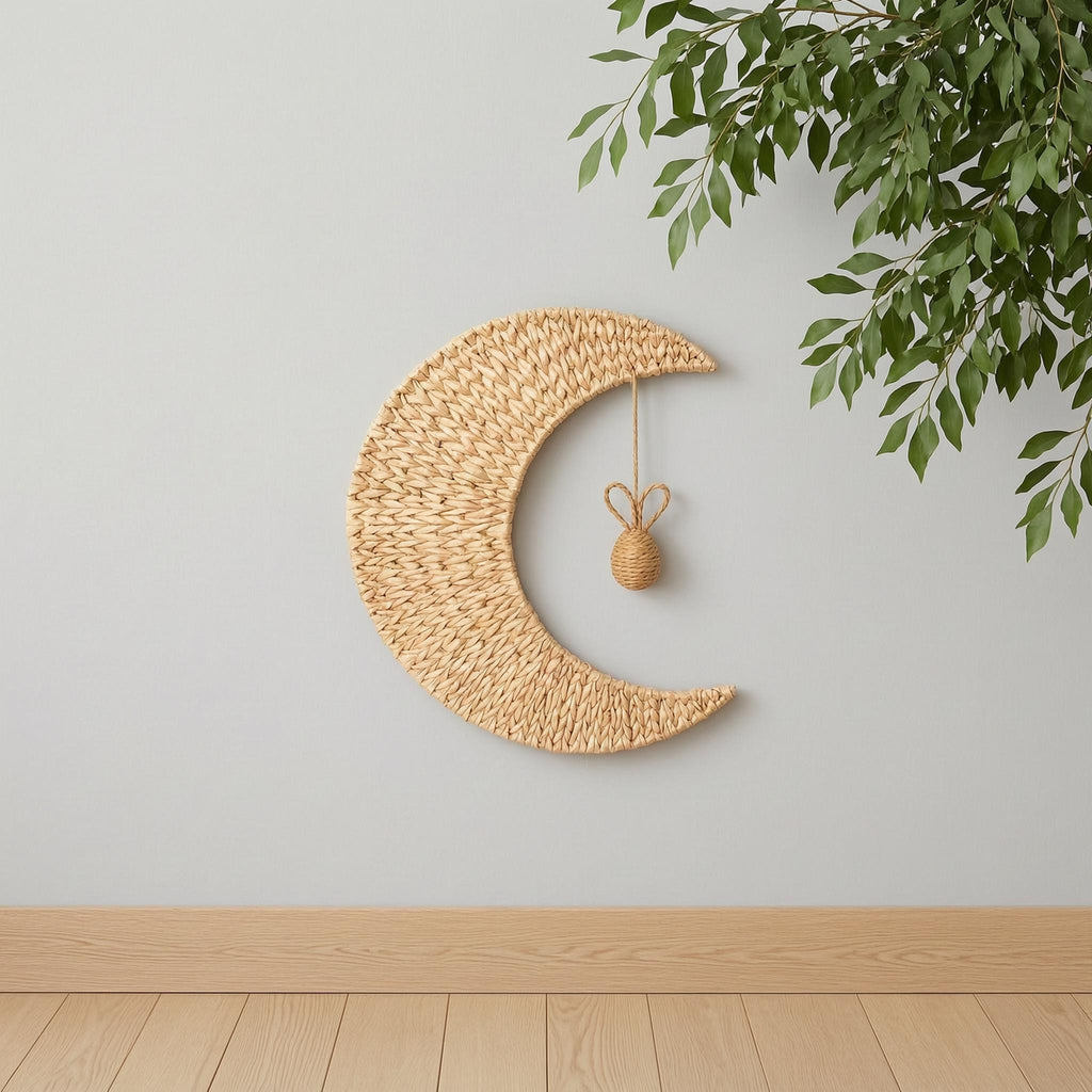Handmade woven moon wall decor with a rabbit ball ornament on a plain wall, option Rabbit Ball