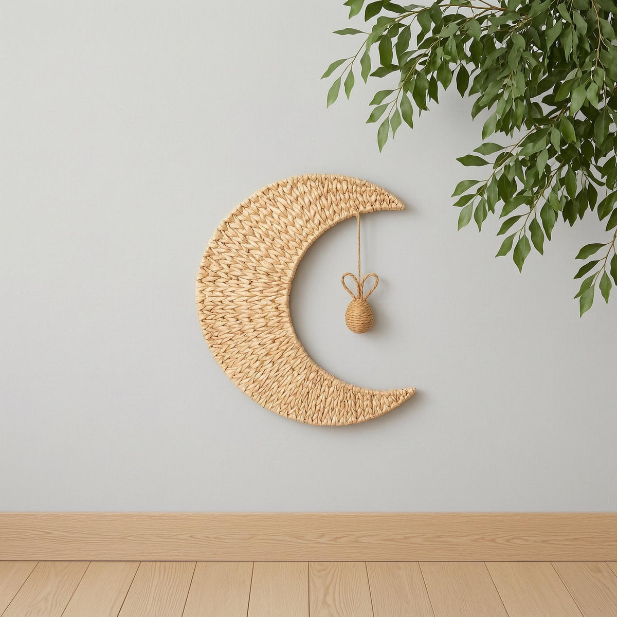 Handmade woven moon wall decor with a rabbit ball ornament on a plain wall, option Rabbit Ball