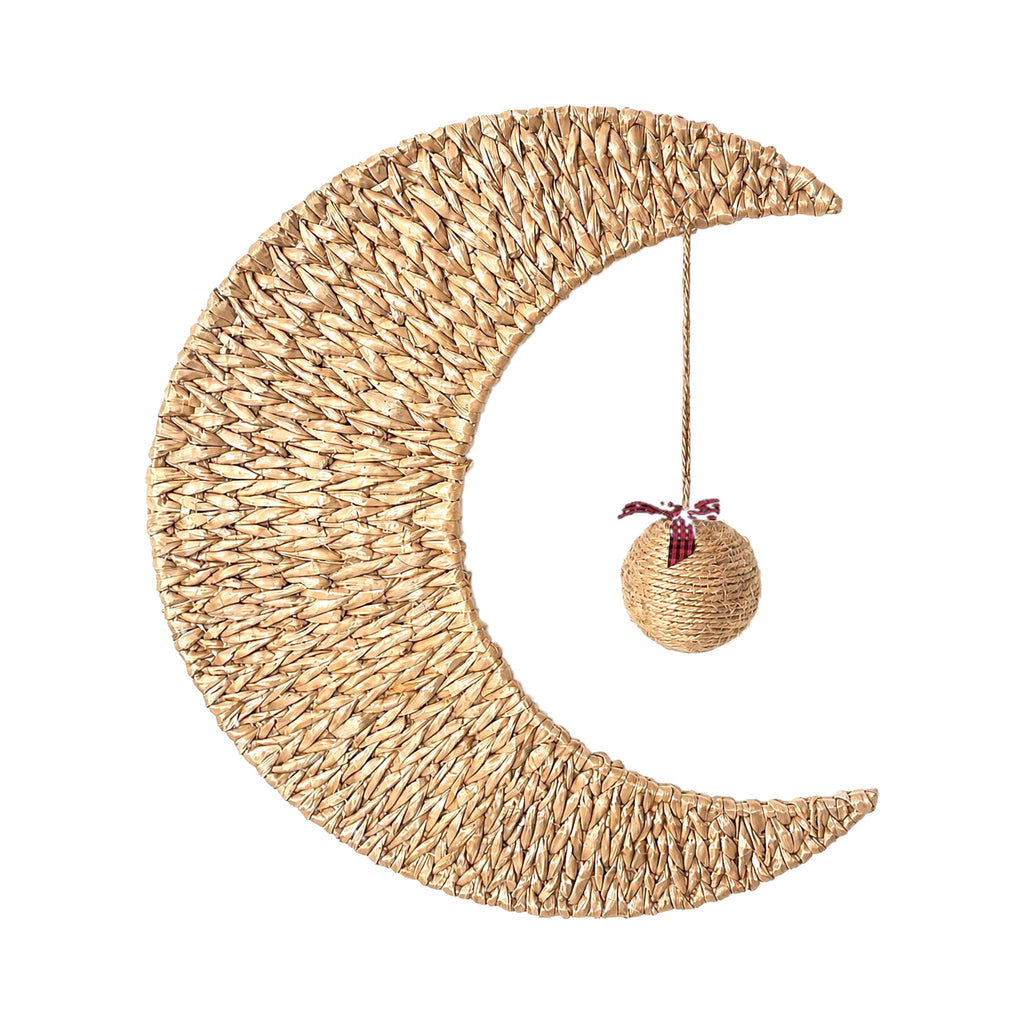 Handmade woven moon wall decor, option Xmas Ball with red ribbon, product photo on white background