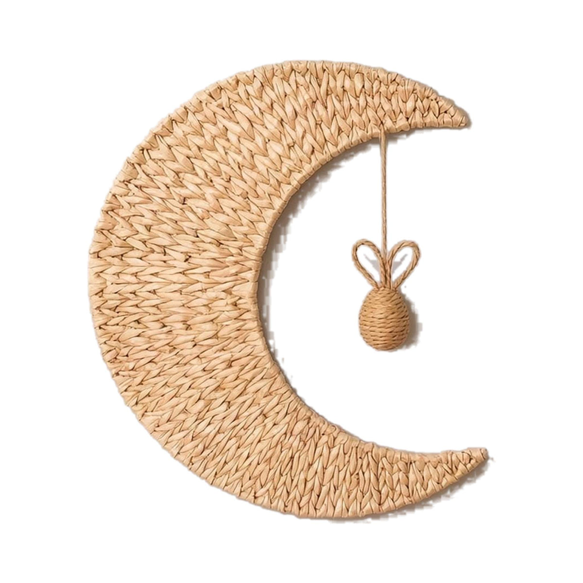 Handmade woven moon wall decor, option Rabbit ball ornament, product photo on white background