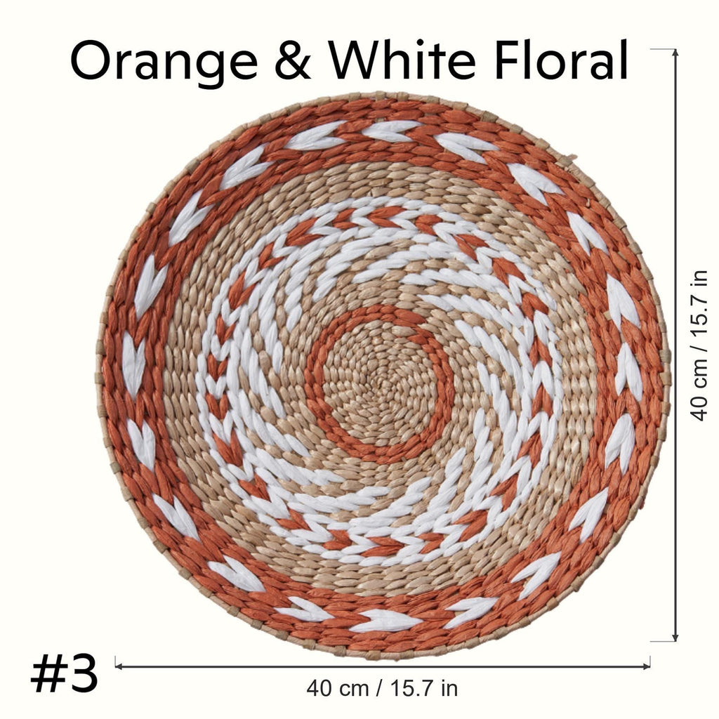 Orange and White Floral handwoven cattail wall plate, style #3, 40 cm / 15.7 in diameter with size marked