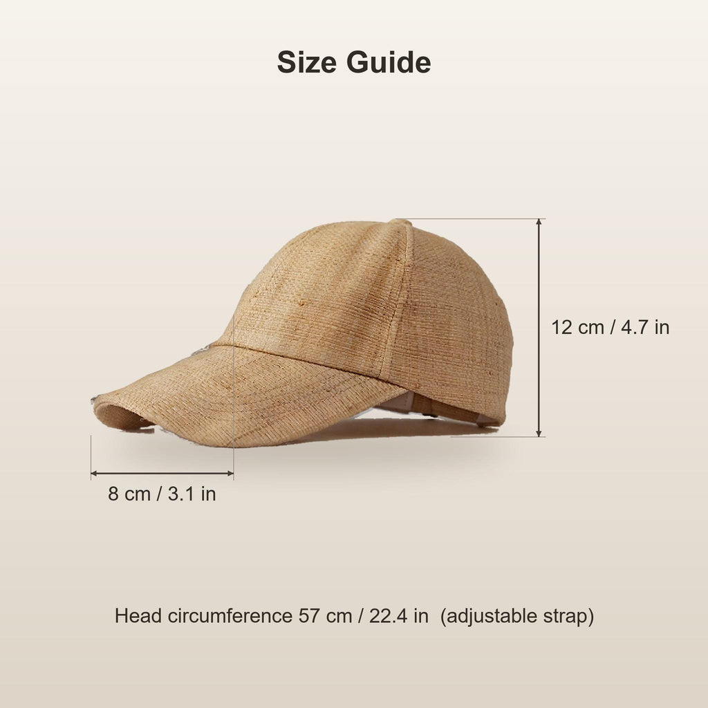 Size guide: crown height 12 cm / 4.7 in, brim 8 cm / 3.1 in, fits head circumference 57 cm / 22.4 in with adjustable strap
