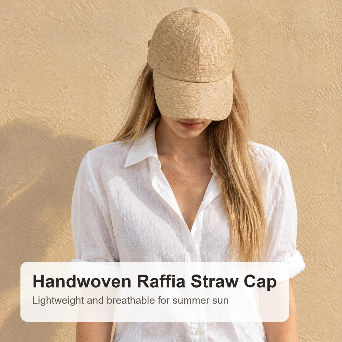 Handwoven raffia straw cap worn with a white linen shirt, lightweight and breathable for summer