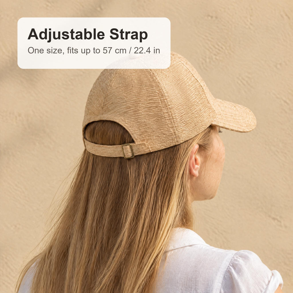 Back view of the raffia straw cap showing the adjustable strap, one size fits up to 57 cm / 22.4 in