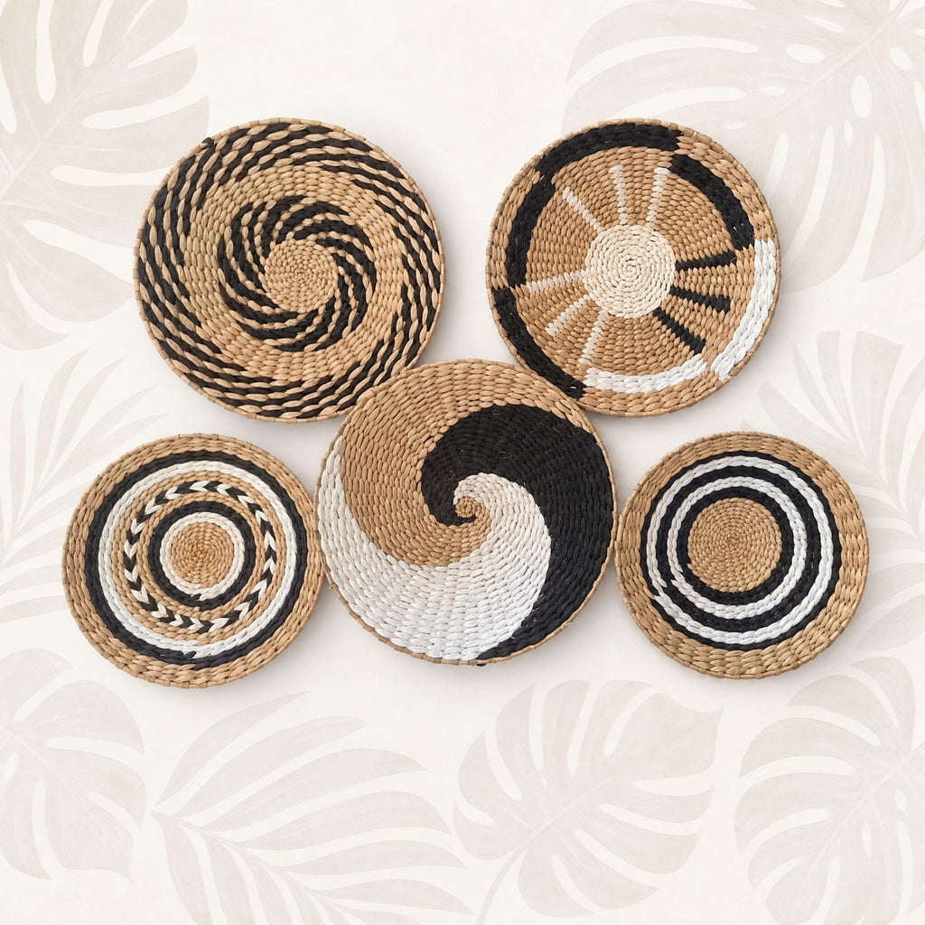 Set of 5 handwoven cattail wall baskets in black, white and natural tan, boho round wall art