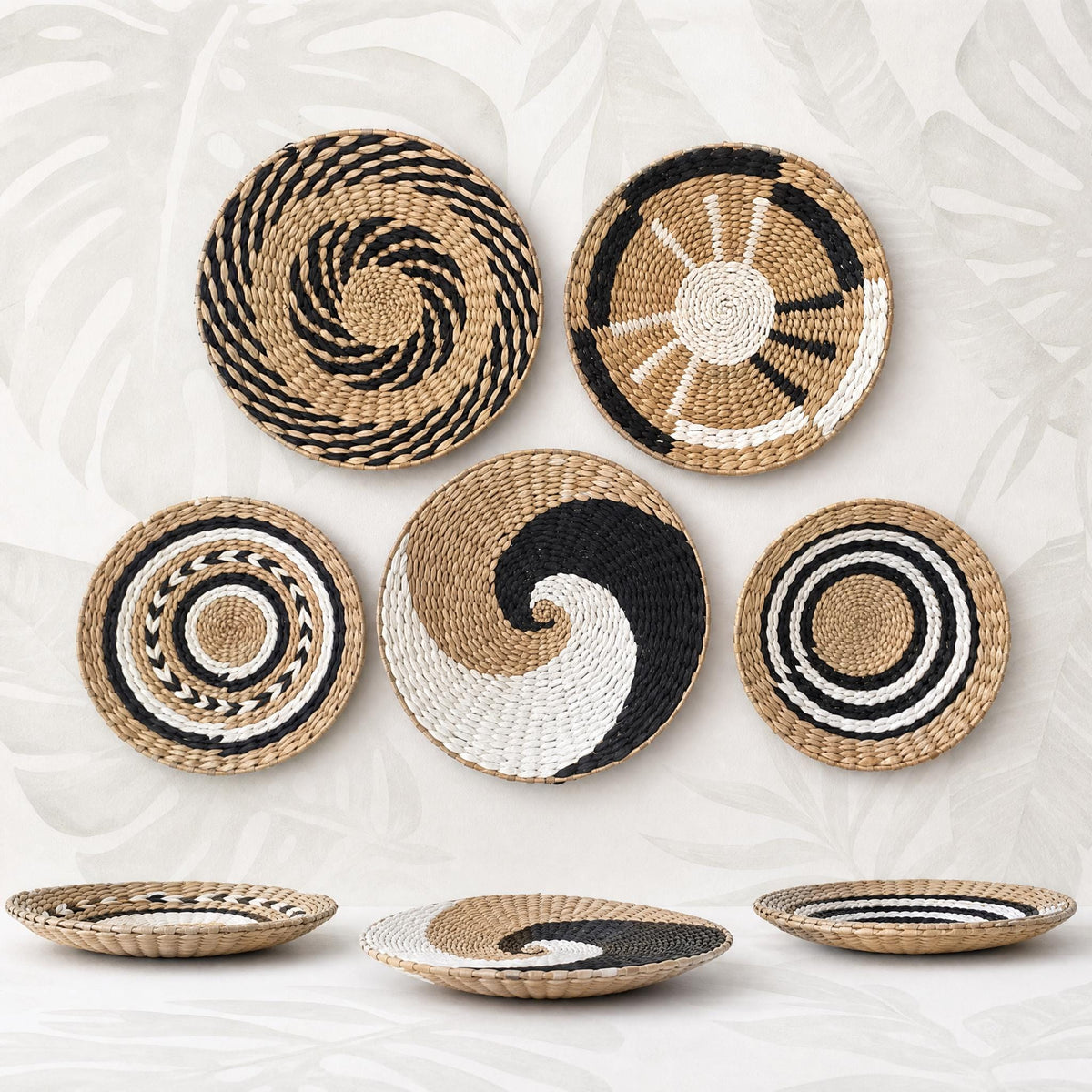 Five round woven wall baskets arranged as living room wall decor, with three shown from the side