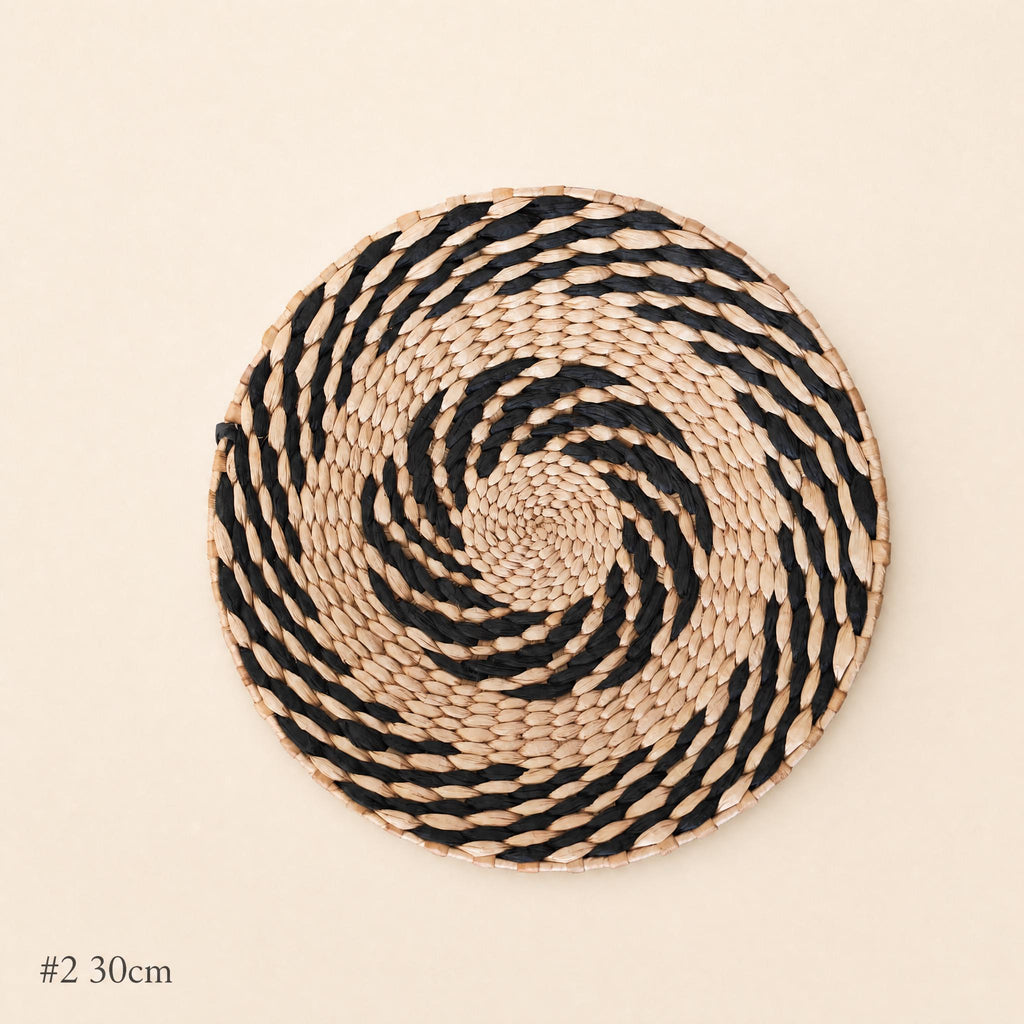 #2 large 30 cm handwoven cattail wall basket with black and tan spiral pattern