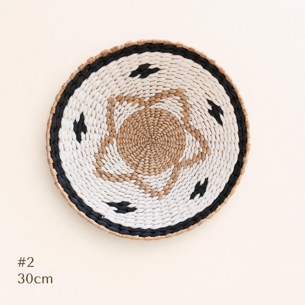 #2 large 30 cm woven cattail wall basket, white with black rim and geometric star motif