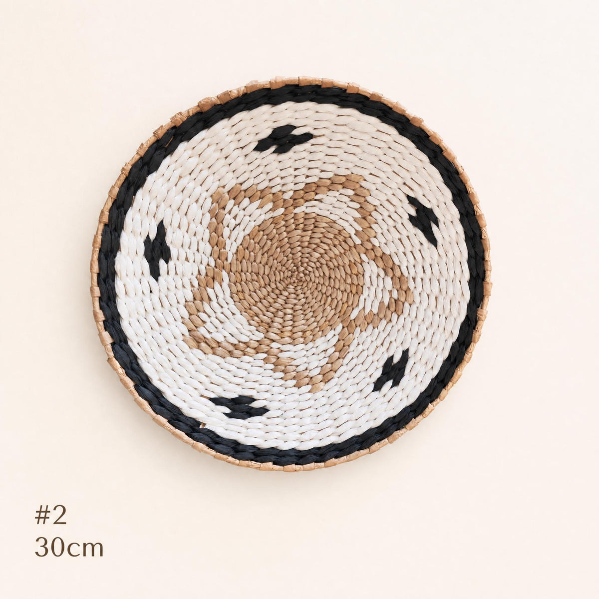 #2 large 30 cm woven cattail wall basket, white with black rim and geometric star motif