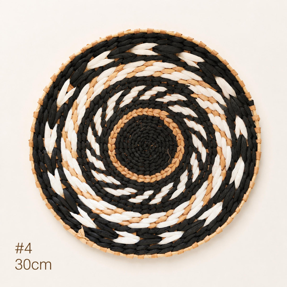 #4 large 30 cm woven cattail wall basket with black, white and tan chevron rings