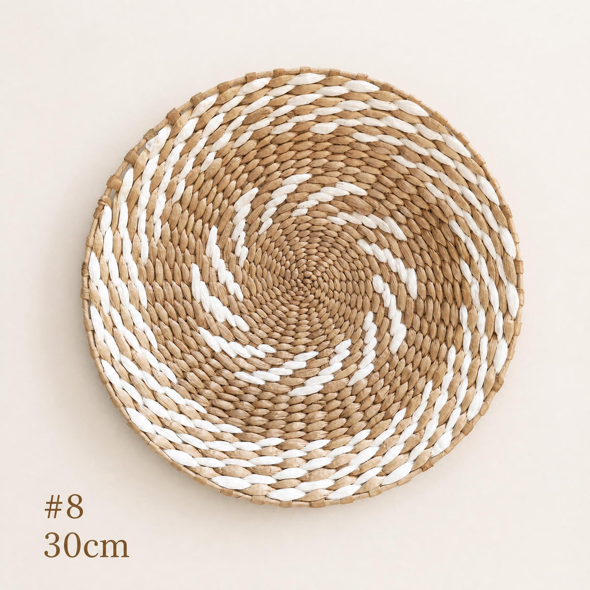 #8 large 30 cm handwoven cattail wall basket with white and tan spiral pattern