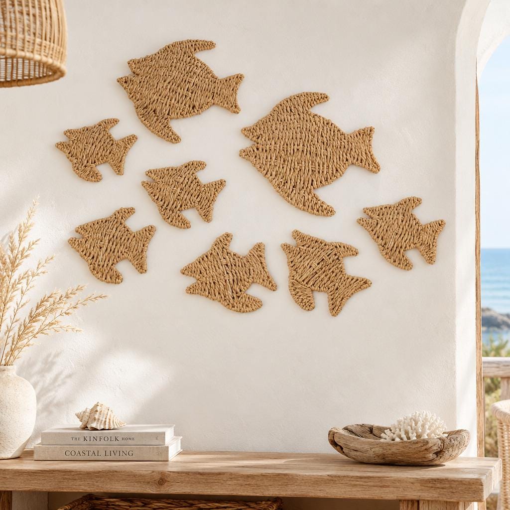 Two large and six small handwoven paper rope fish hung as a school on a white coastal wall