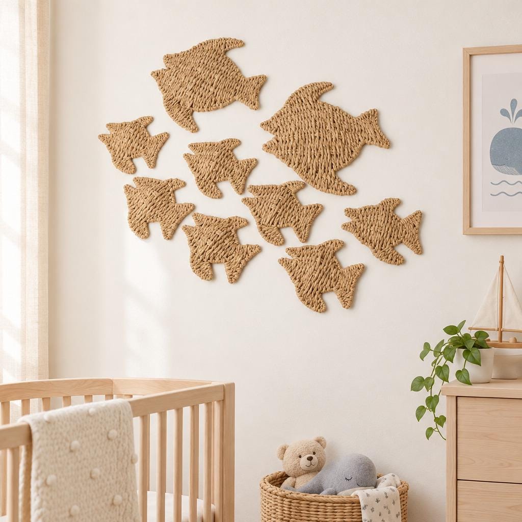 Woven paper rope fish wall decor above a wooden crib in a neutral nursery