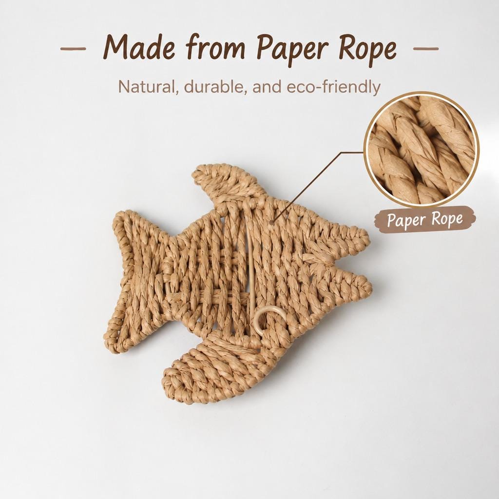 Small woven fish made from natural twisted paper rope
