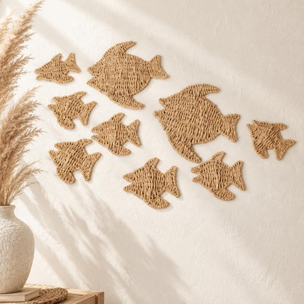 Woven fish wall art on a cream wall with pampas grass in a boho living room