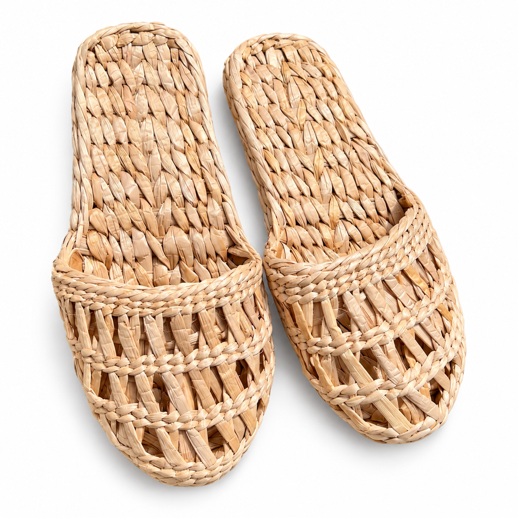 Handmade Woven Straw Slippers: Eco-Friendly House Shoes for Women on a white background