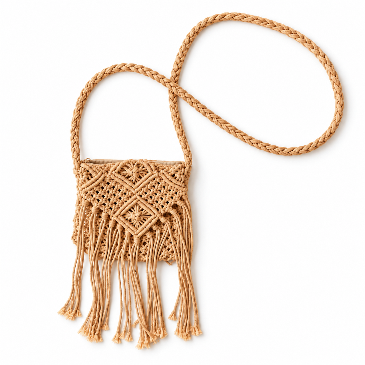 Handmade Woven Tassel Crossbody Bag: Nylon Summer Purse on a white background
